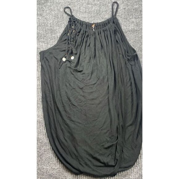 NWOT Free People Black Gathered Neck Beaded Flowy BOHO TANK TOP XS - Picture 1 of 6
